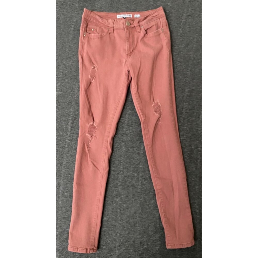 YMI‎ WannaBettaButt Juniors Size 9 Mid Rise Distressed Skinny Jeans Pink Denim